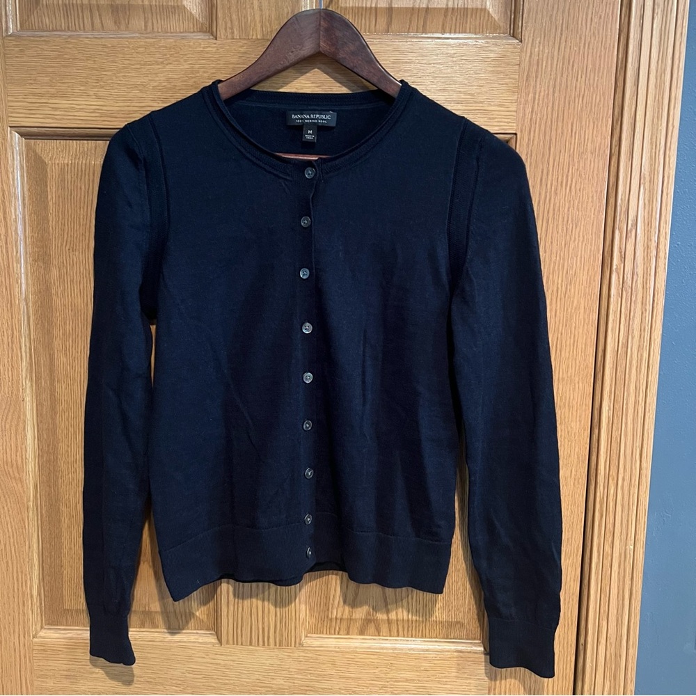 Navy 100% Fine Merino Wool Cardigan Sweater